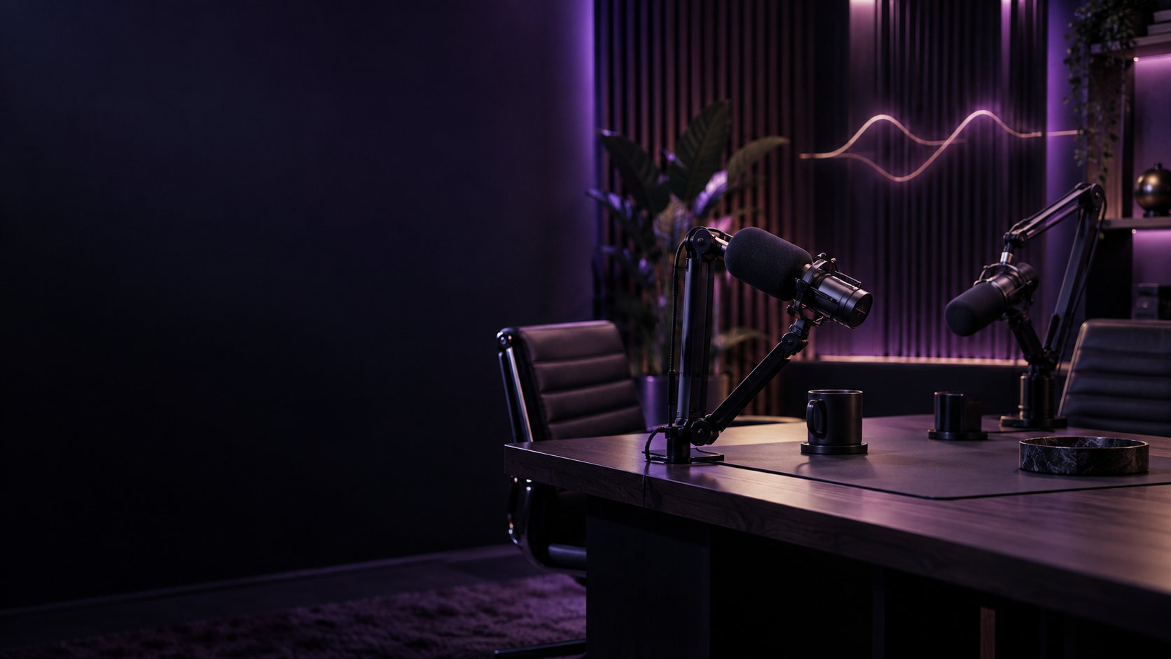 Cinematic modern podcast studio with two microphones and purple-magenta lighting.
